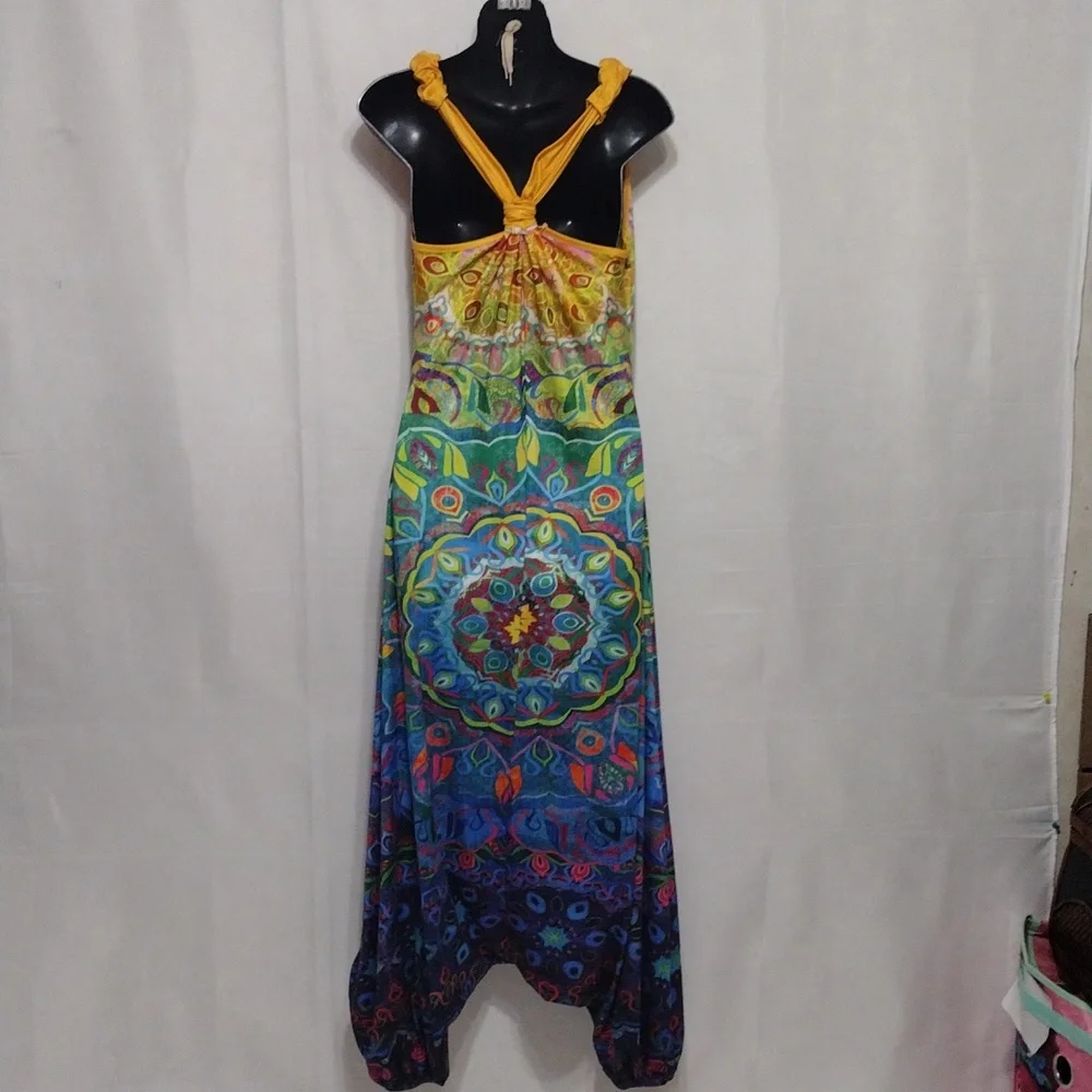 Colorful Boho Drop Crotch Harem Jumpsuit Womens Racerback Festival Yoga Romper L - Picture 8 of 12